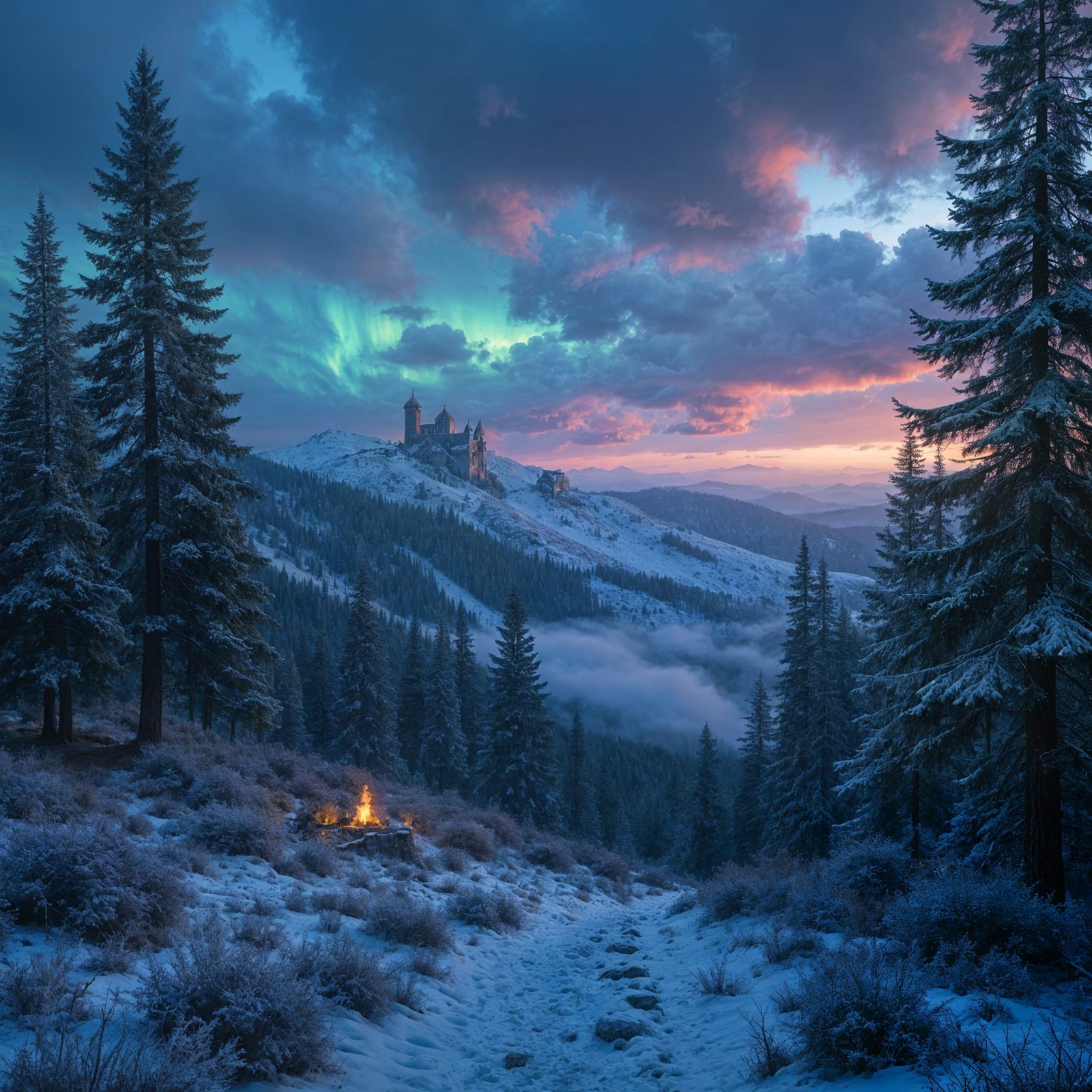 Fae Forest Night Scene with Iridescent Lights