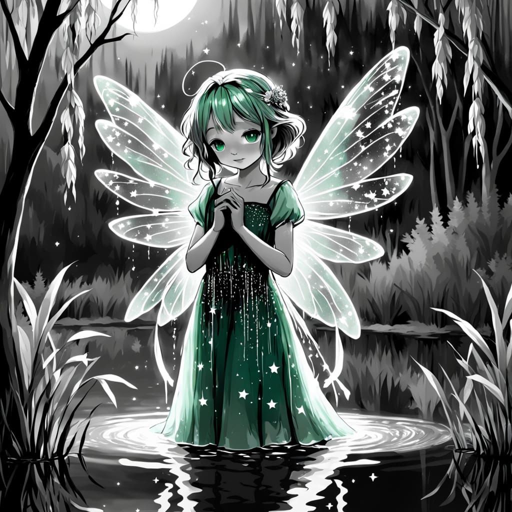 Water Nymph by Starry Lake Amidst Weeping Willows