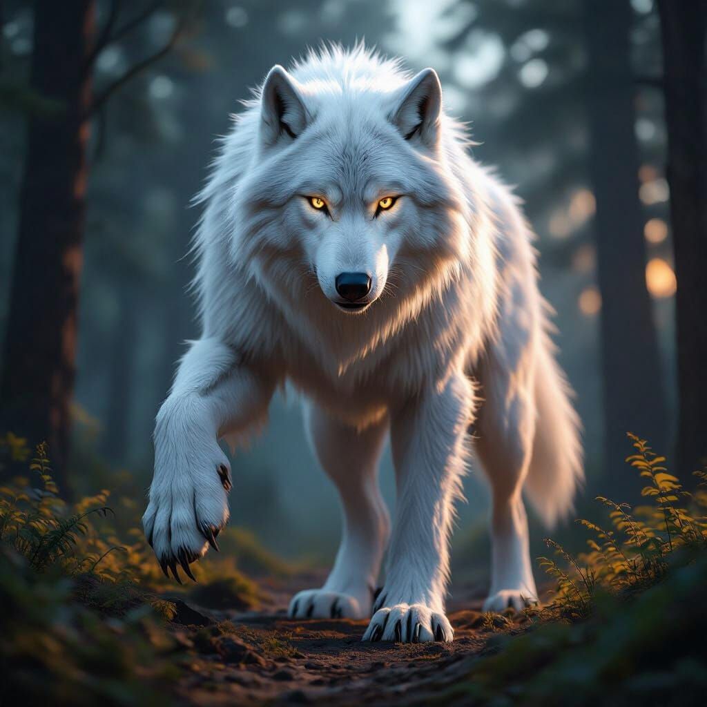 Massive White Wolf Stands Bipedally in Glowing Forest