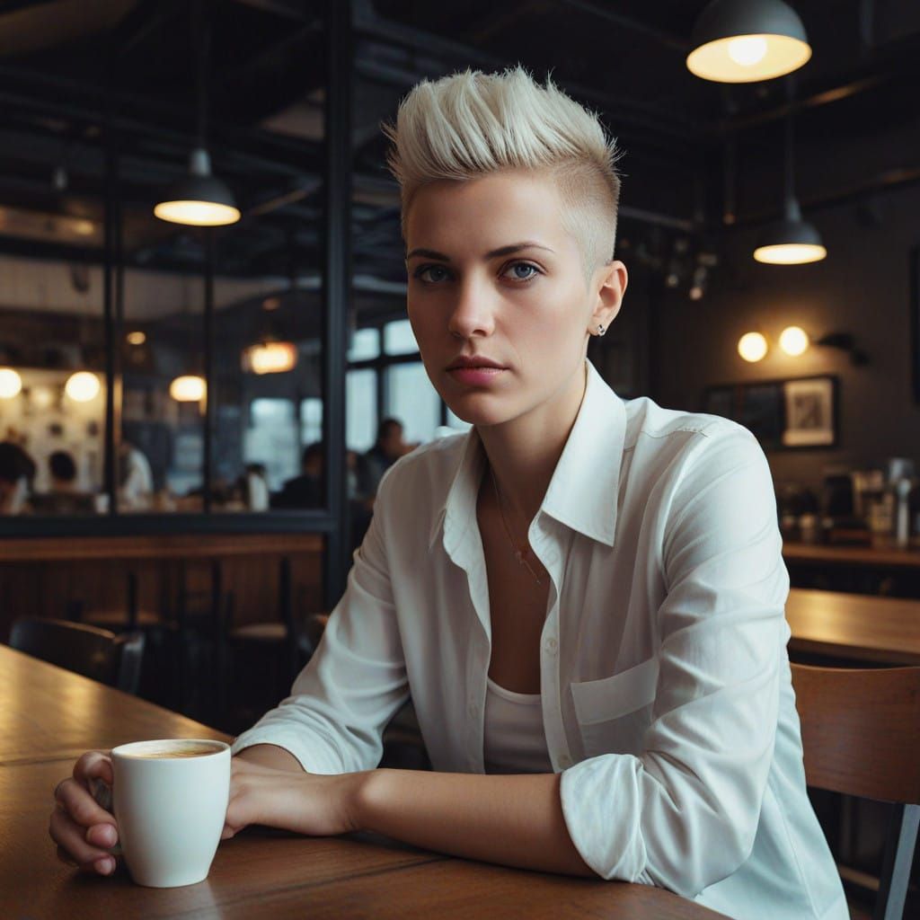 Edgy Cafe Moment in Moody, Hyper-Realistic Style