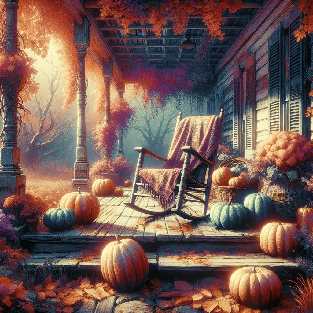 Autumnal Country Porch in Detailed Matte Painting Style