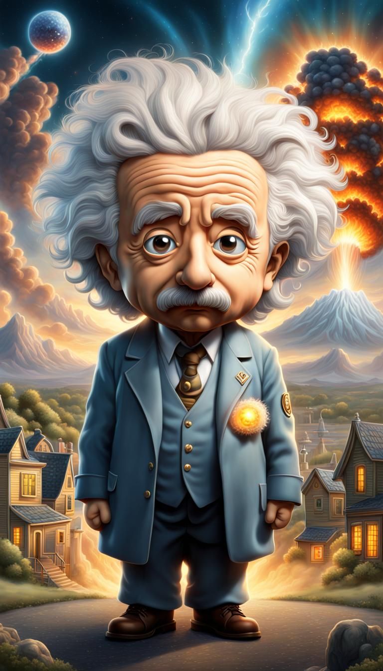 Chibi Einstein and Nuclear Explosion, Thomas Kinkade Style