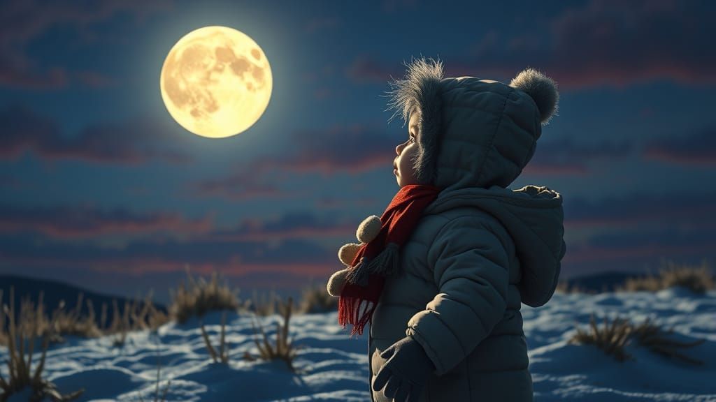 Toddler Gazing at Moon in Hyperrealistic Winter Scene