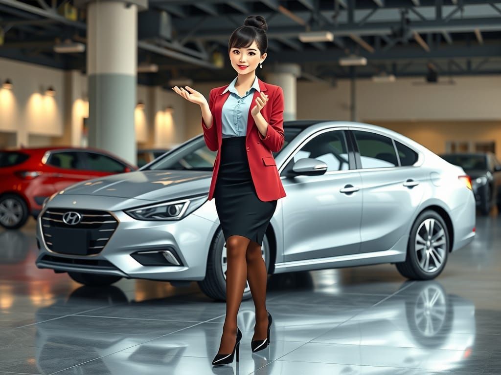 Asian Car Saleswoman in Studio Ghibli Style