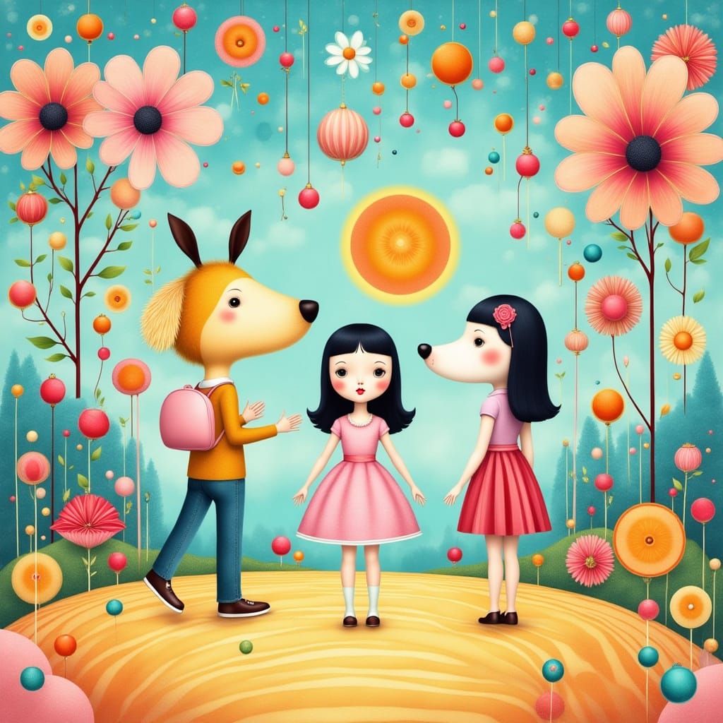 Whimsical Kidcore Figures in Dreamlike Liminal Space