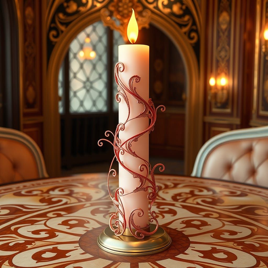 Luxurious Candle in Art Nouveau Style with Pink and Gold Fil...