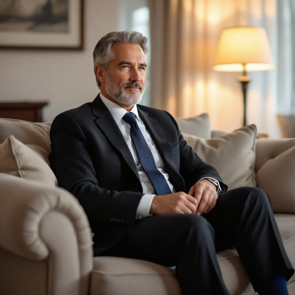 Dignified Man in Suit Adjusts Socks on Sofa