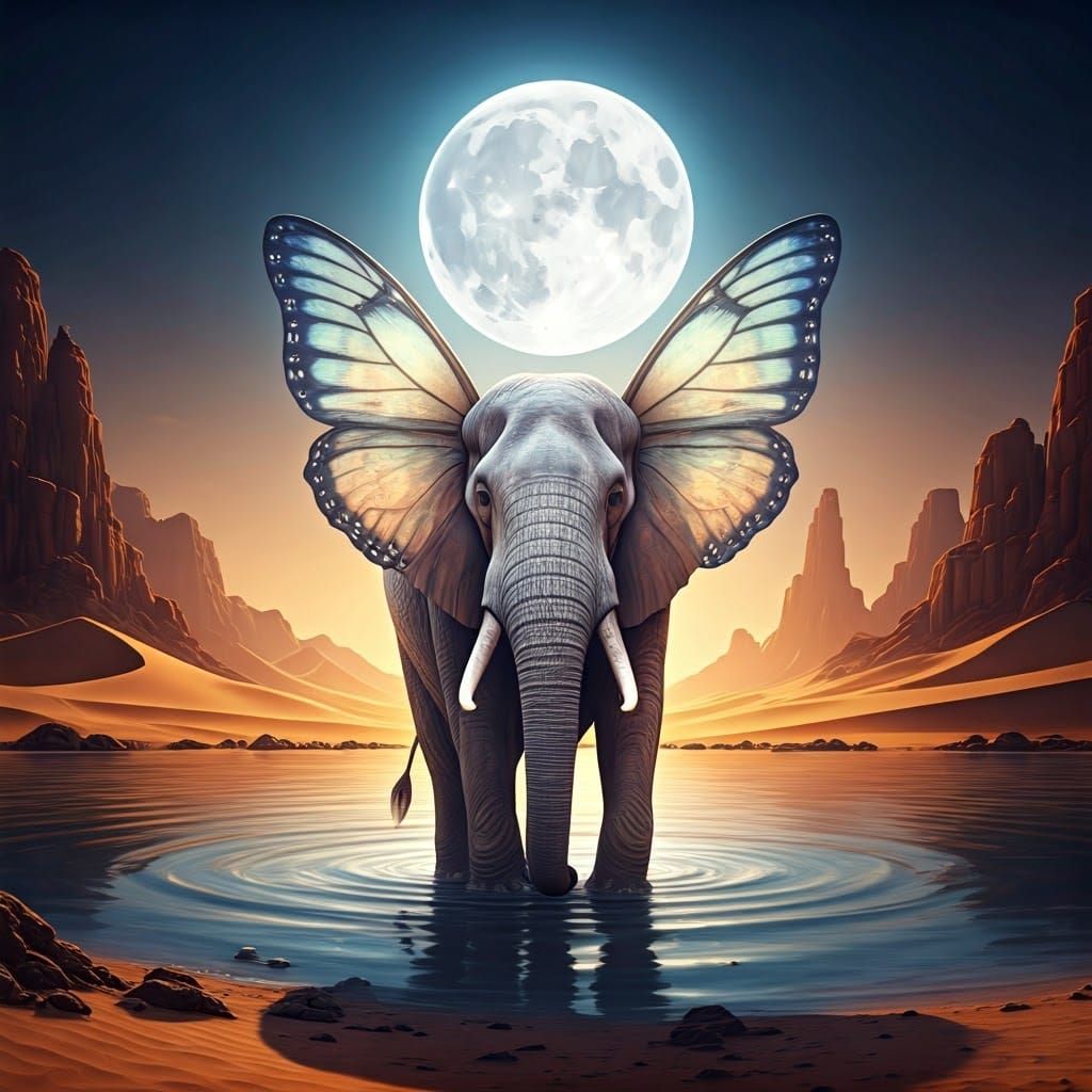 Ethereal Desert Oasis with Majestic Elephant Butterfly