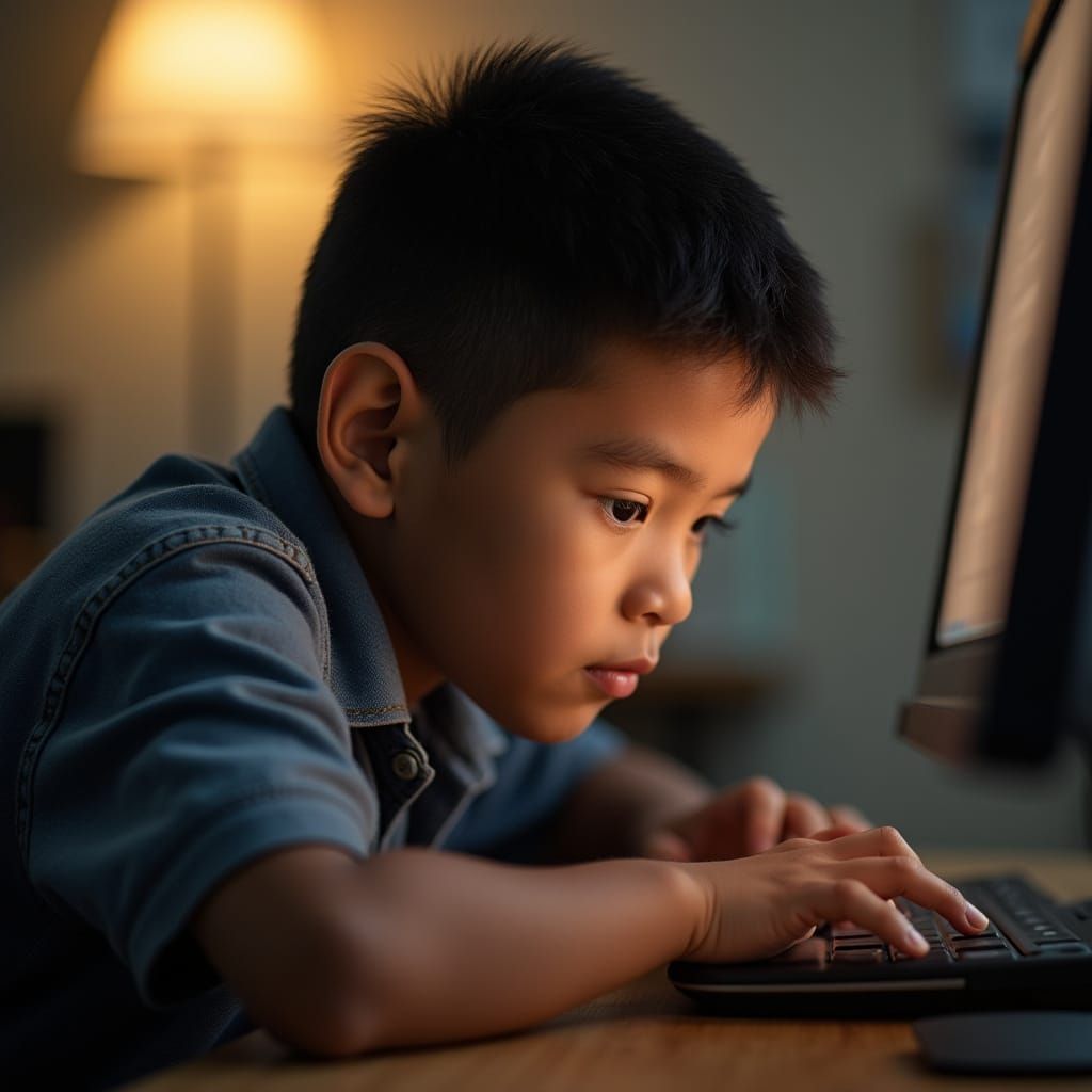 Maori Schoolboy Focused on Computer