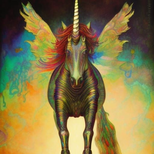 Detailed Symmetrical Unicorn in Iridescent Watercolors