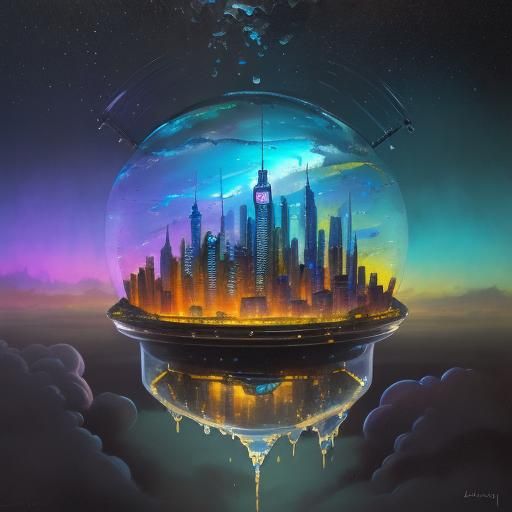 Futuristic City in Gin Bottle: Neo-Impressionist Oil Paintin...