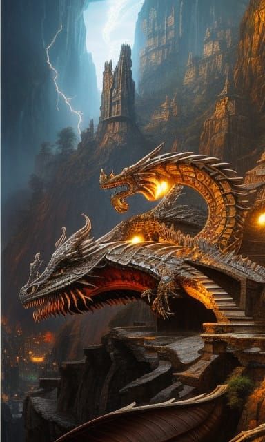 Dragon and Princess in Steampunk Cave, Digital Art