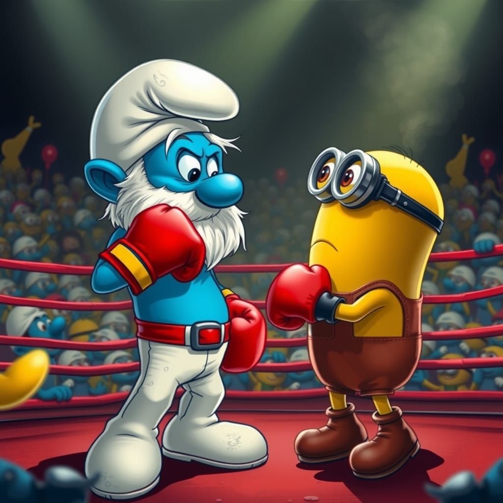 Papa Smurf is boxing against a minion