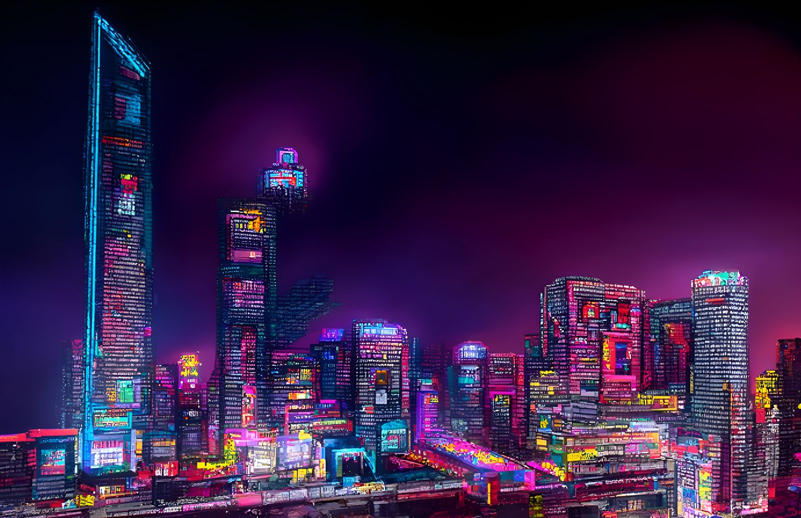 Neon Cyberpunk City in Kinetic Pointillism