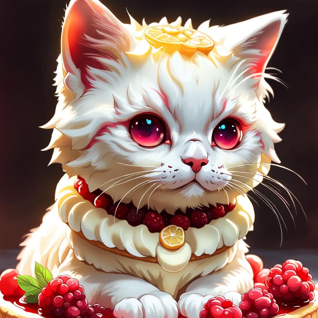 Adorable Raspberry Cheesecake Cat Portrait in Anime Style