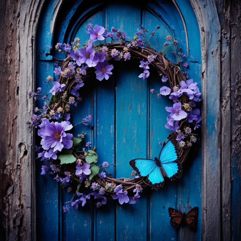 A vintage photograph capturing an exquisite flower  wreath made of wildflower adorning an old, wooden door, its faded pa...
