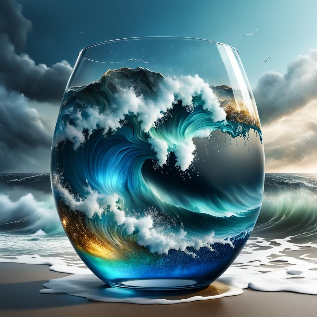 Stormy Sea Inside Glass: Hyperrealistic Splash Art