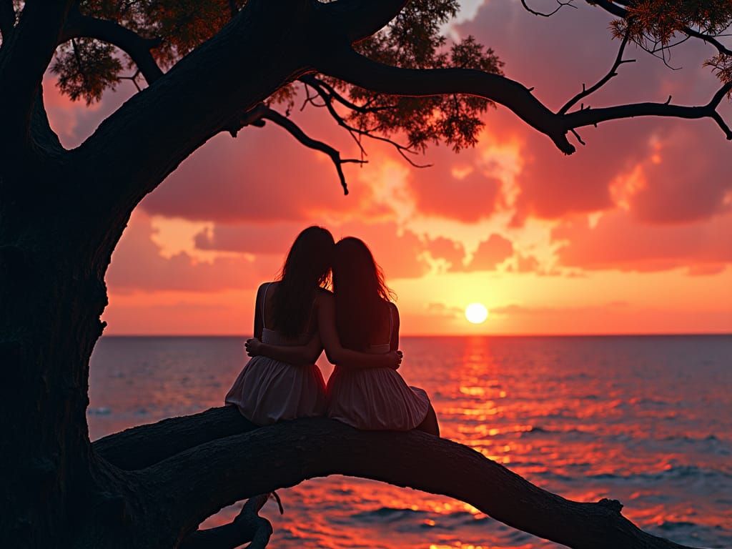 Sisters' Sunset Embrace: A Cinematic Silhouette