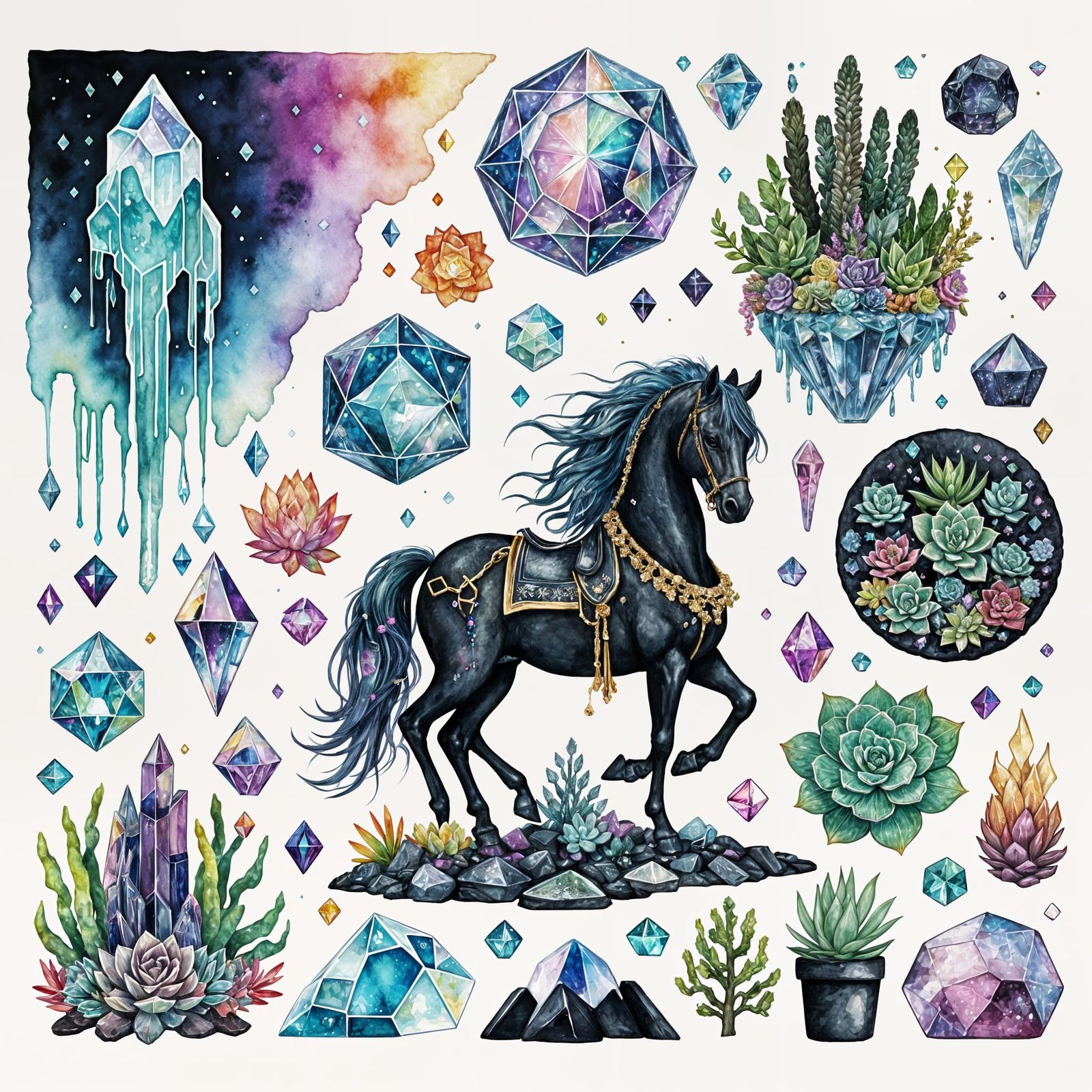 Crystalline Objects in Pastel Goth Watercolour