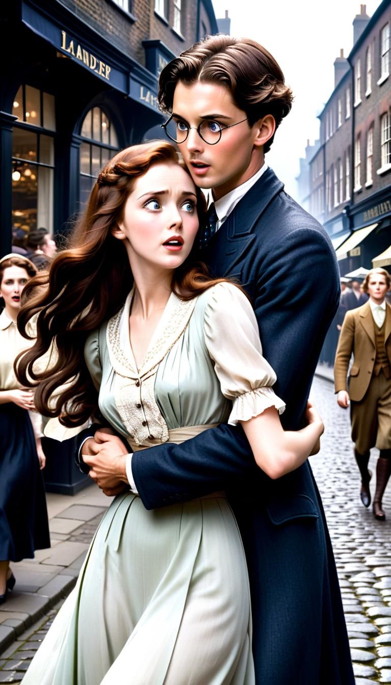 Unexpected Embrace in a 1930s Market: Illustrated Romance