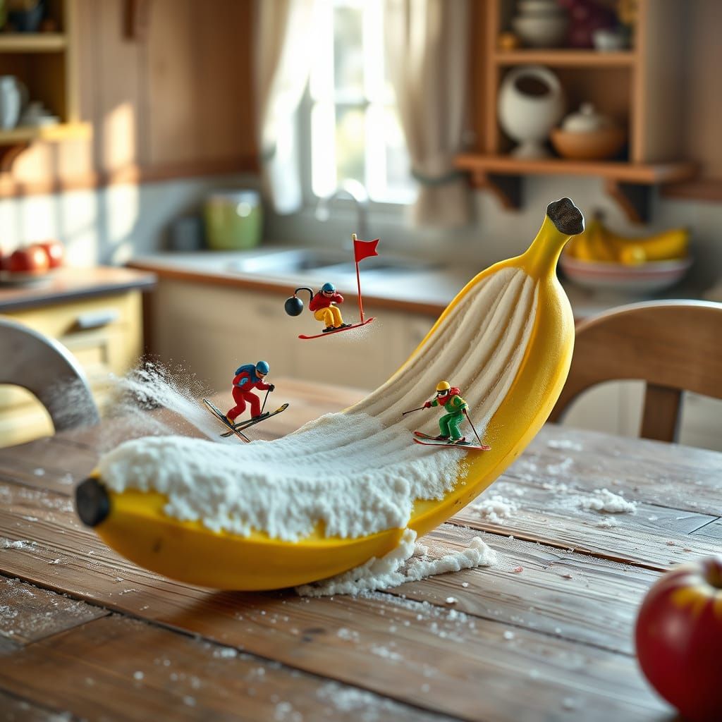 Miniature Skiers Speed Down a Banana Slope in a Whimsical Wi...