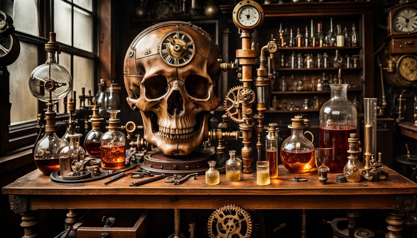 Steampunk Alchemical Laboratory Still Life, Oil on Canvas