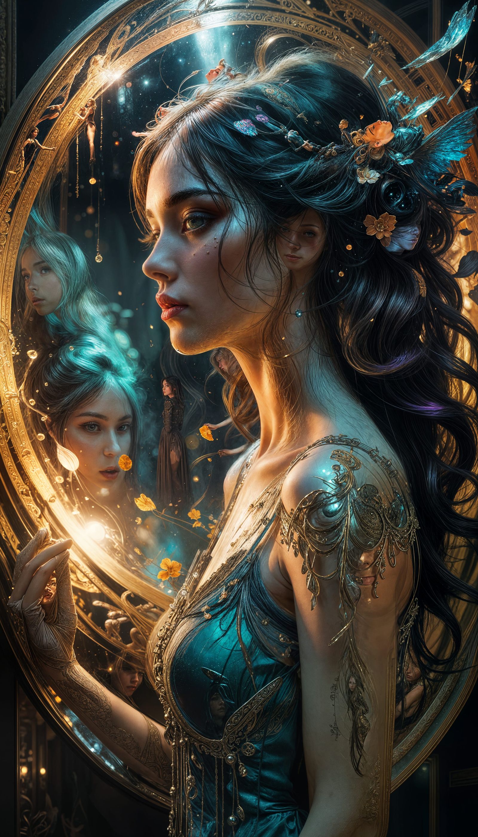 Surreal Enchantress Stares into Whirling Mirror