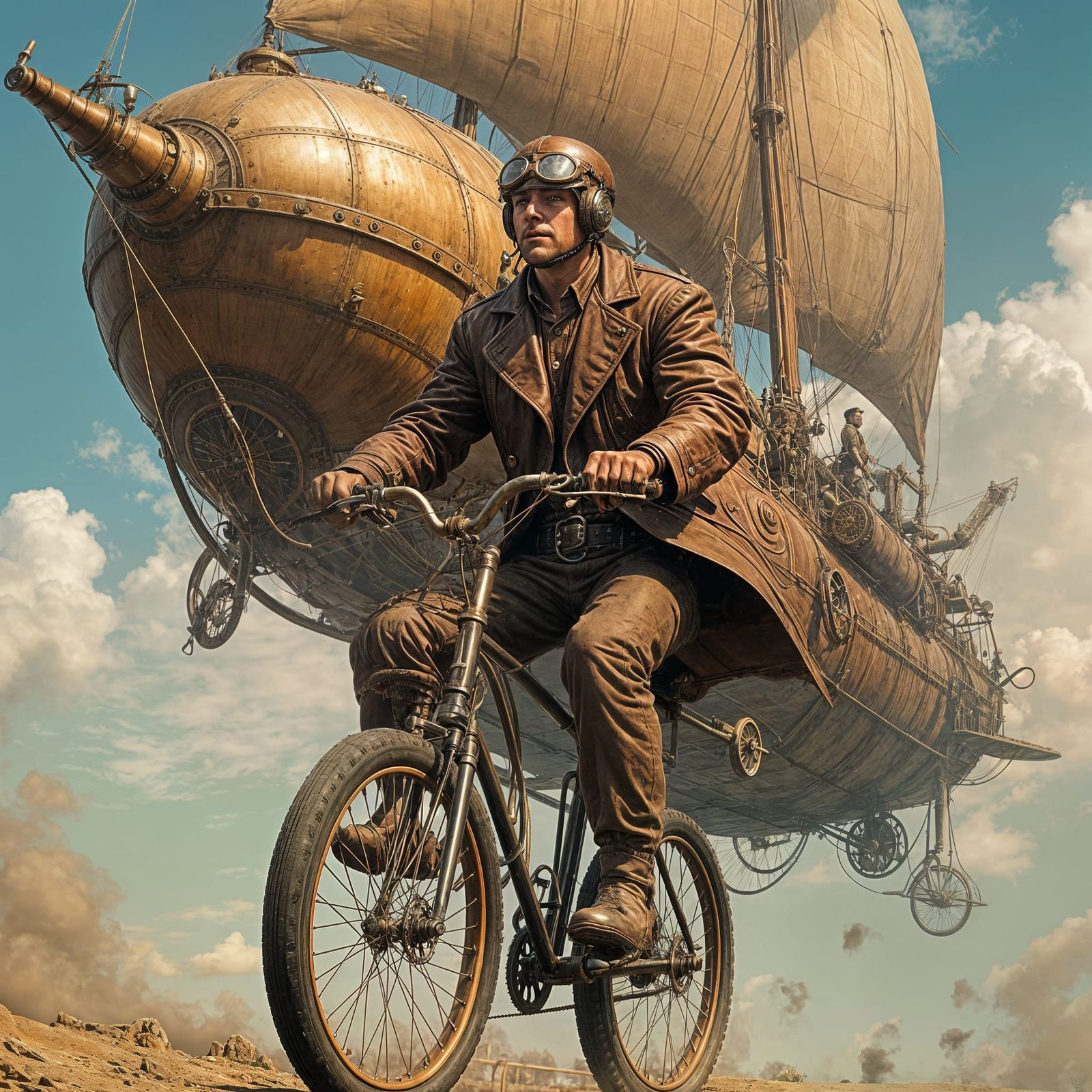 Steampunk Airship and Cyclist in Syd Mead Style