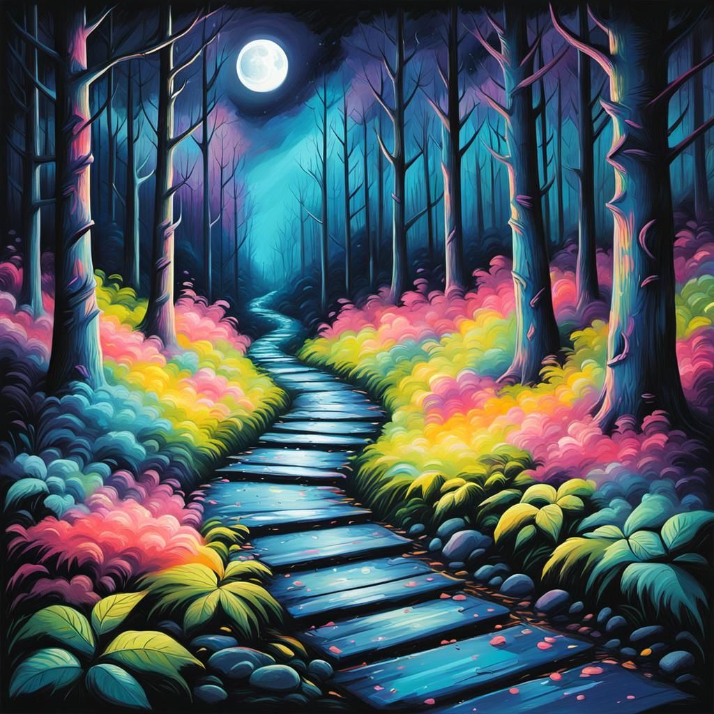 Colorful Forest Path at Night in Graffiti Art Style