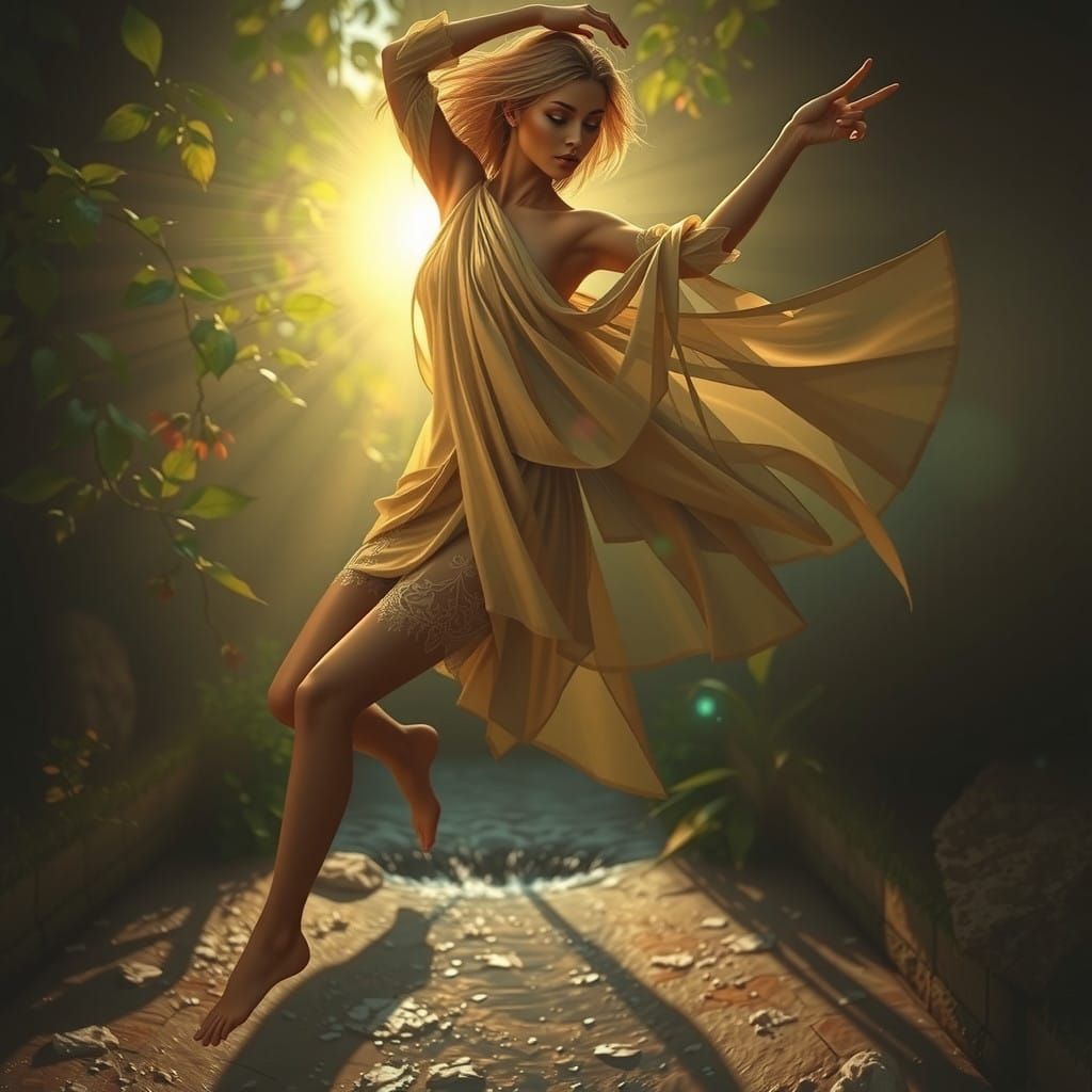 lush garden river eyes darkly soft clothing 3D origami fractal chromoshadow visible on a wall Is a timebomb ticking? imp...