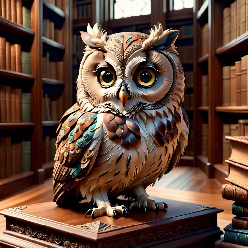 Whimsical Owl in Antique Library Illustration