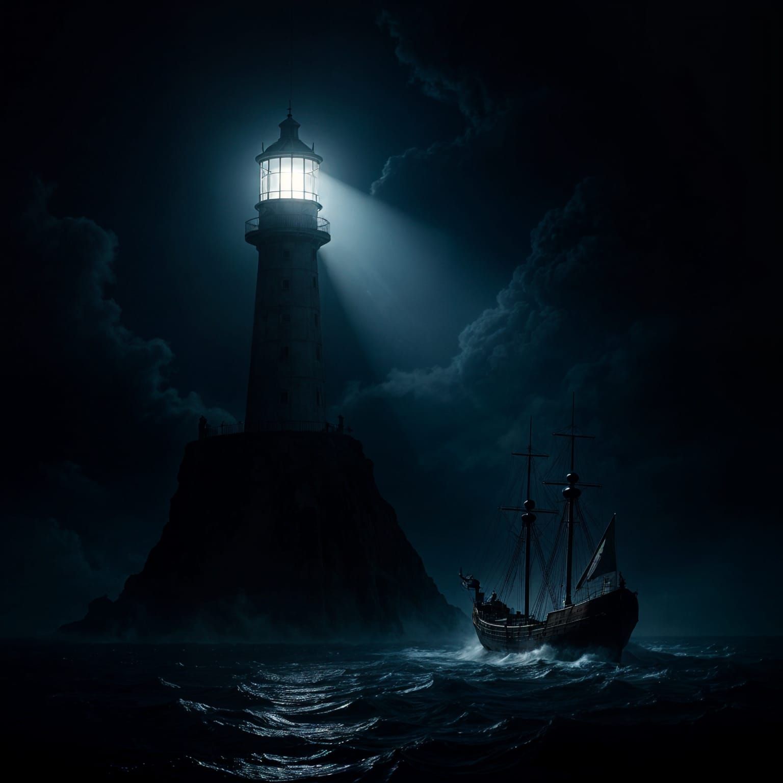 Lighthouse Beam Piercing Fog Over Turbulent Sea