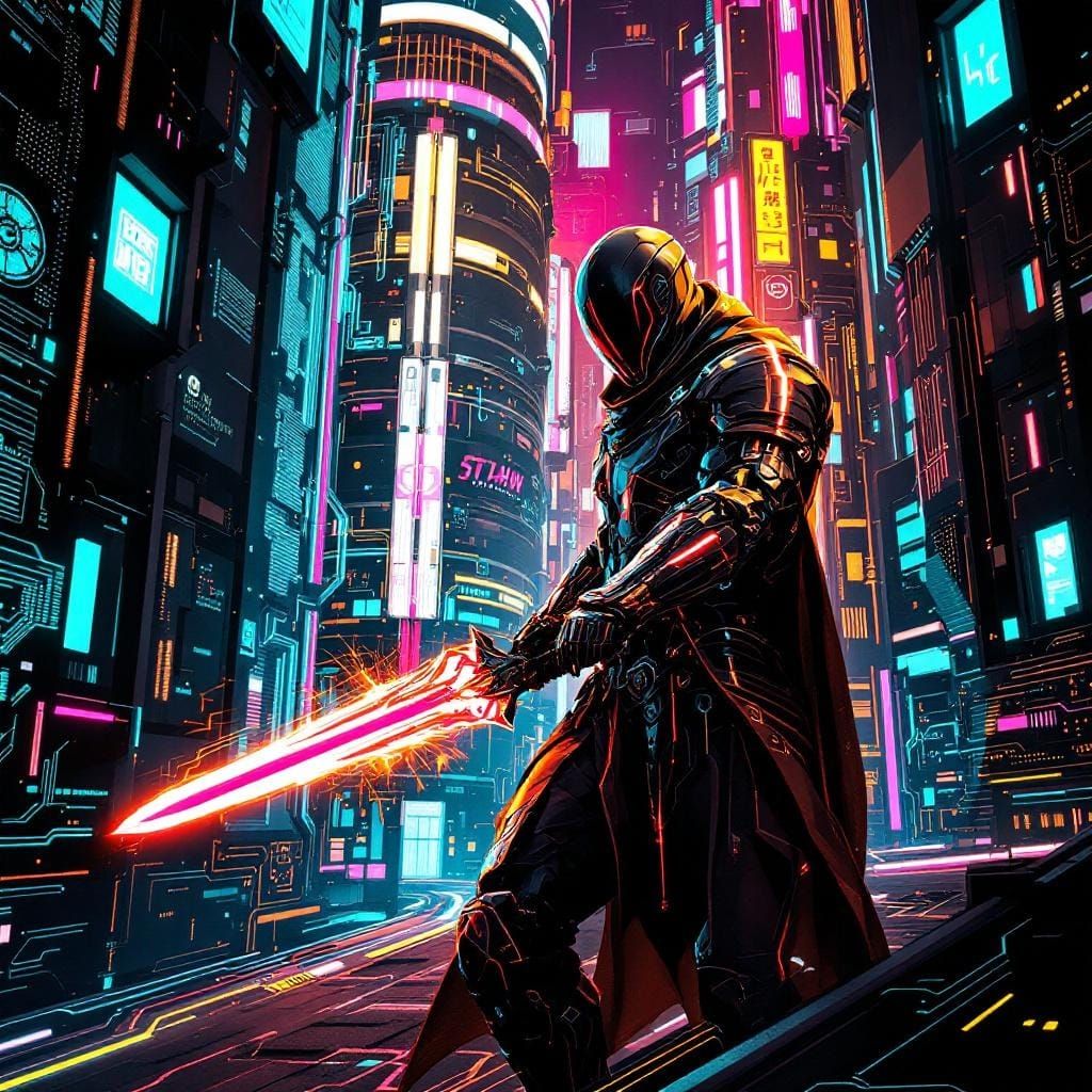 Cyberpunk Warrior with Energy Sword in Neon Cityscape