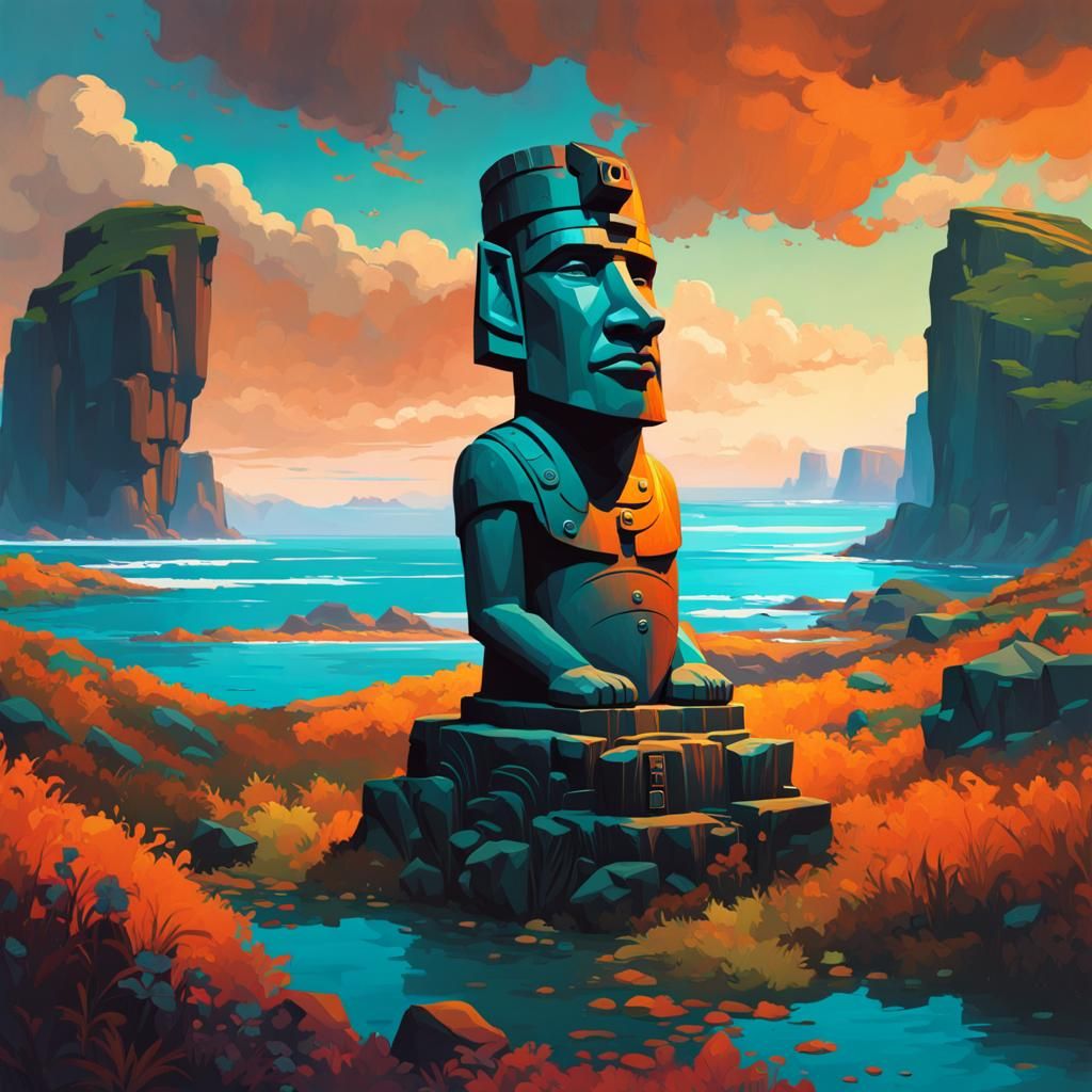 Hyperdetailed Moai Oil Painting with Dynamic Lighting