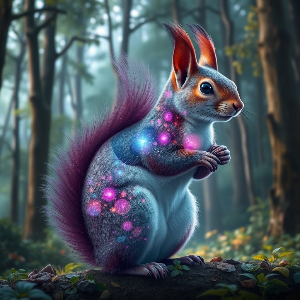 Ethereal Squirrel in Hyperrealistic Forest Landscape with Ne...