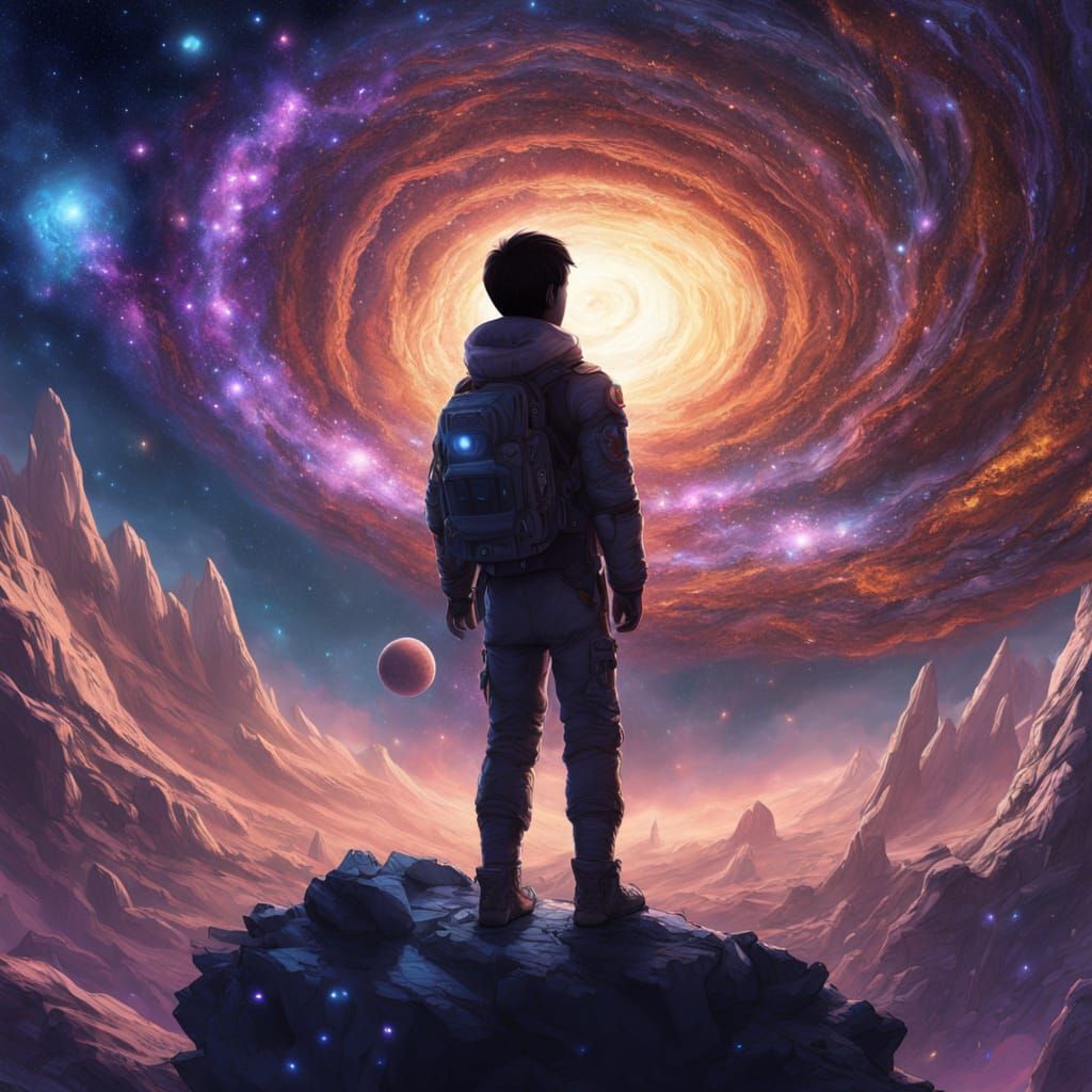 Boy Reaching Cosmic Hand on Glowing Earth in Space