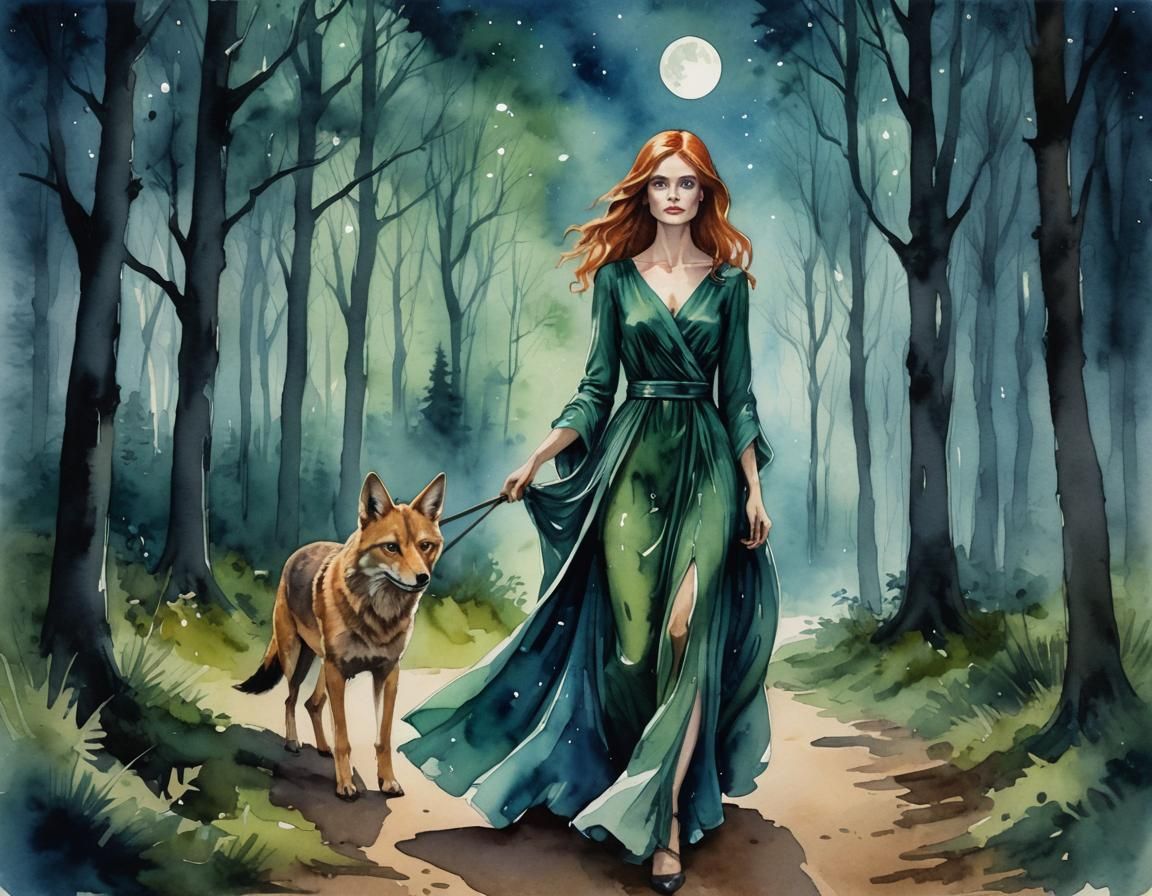 Jackal and Woman in Forest, Watercolor Painting