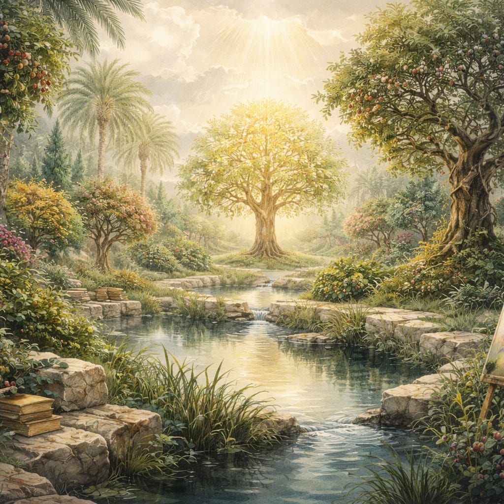 Mythic Mesopotamian Garden of Eden Watercolour