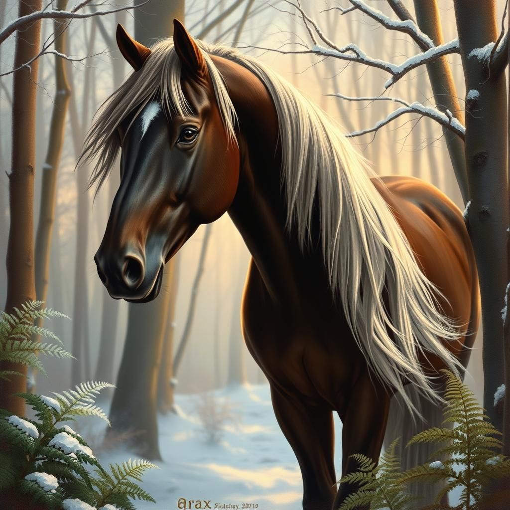 Arabian Horse in Winter Woodland, Romantic Style
