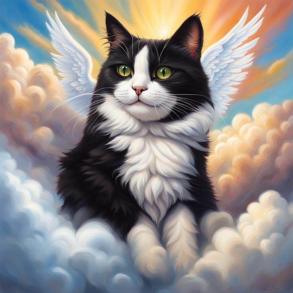 Smiling Tuxedo Cat with Angel Wings in Clouds