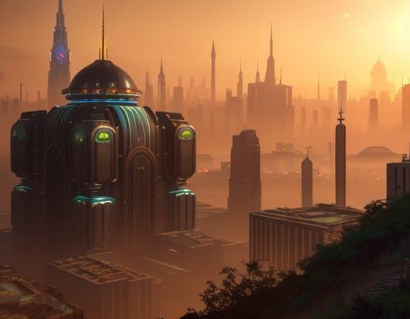 Surreal Solarpunk Metropolis Unfolds at Golden Hour