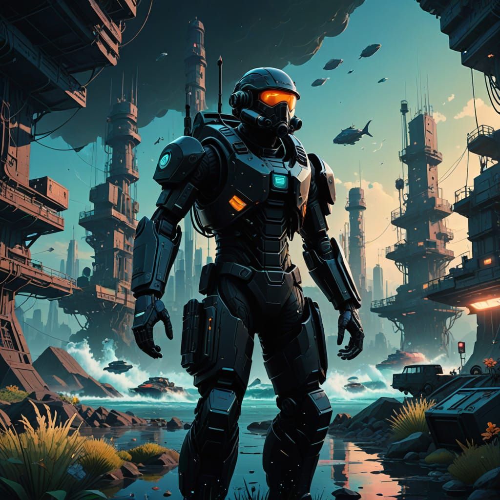 Men in Black Emerging from Underwater Base into Neon Metropo...