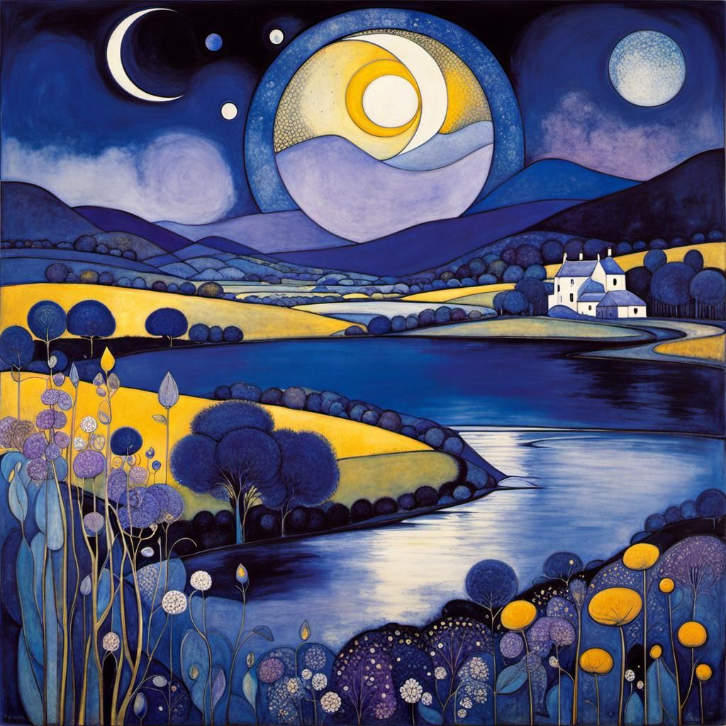 Surreal Blue Night Landscape in Modernist Style