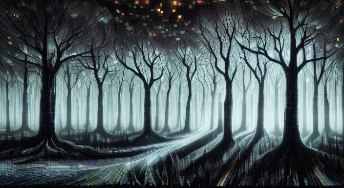 Spooky Mosaic Forest Mural at Night