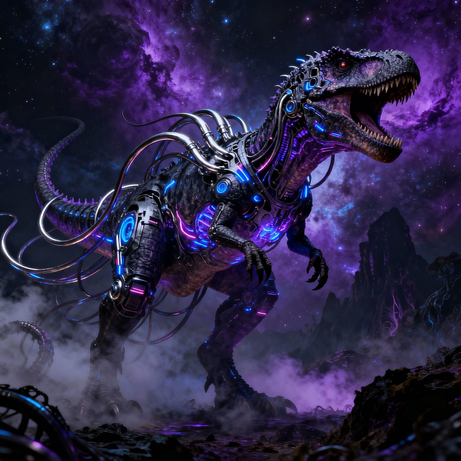 Cybernetic Spinosaurus Emerges from Dark Fantasy Nebula