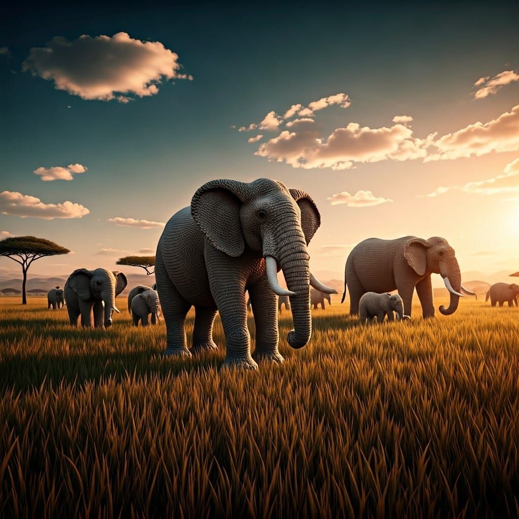 Majestic Crochet Elephant Herd in Golden Savannah Light