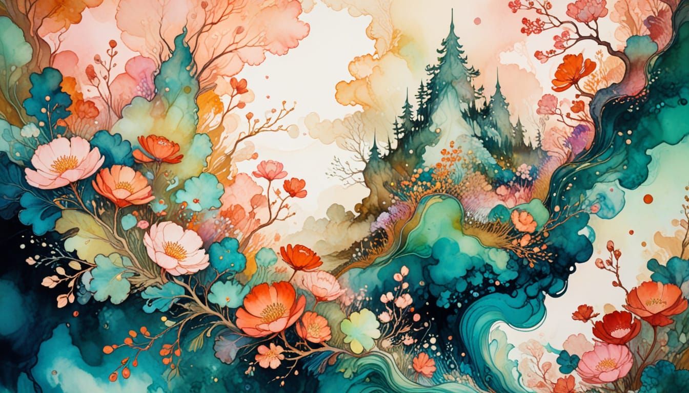 Vibrant Abstract Alcohol Ink Landscape in UHD 8k