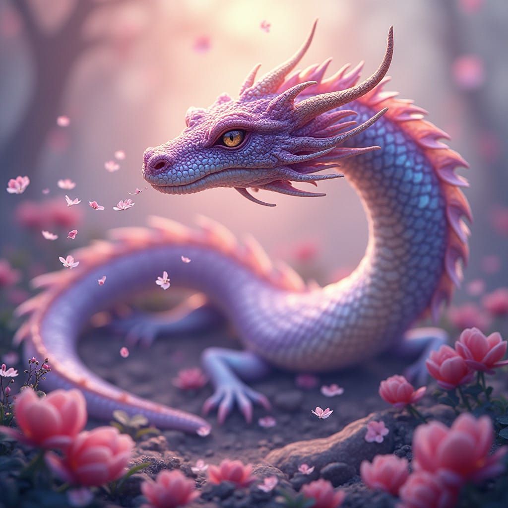 Majestic Dragon Exhales Blooming Flower Petals