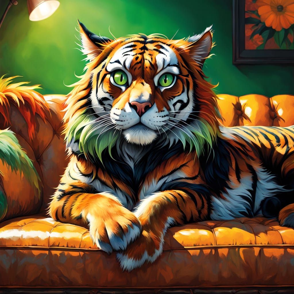 Anthropomorphic Tigress Lounging: Hyperrealistic Splash Art
