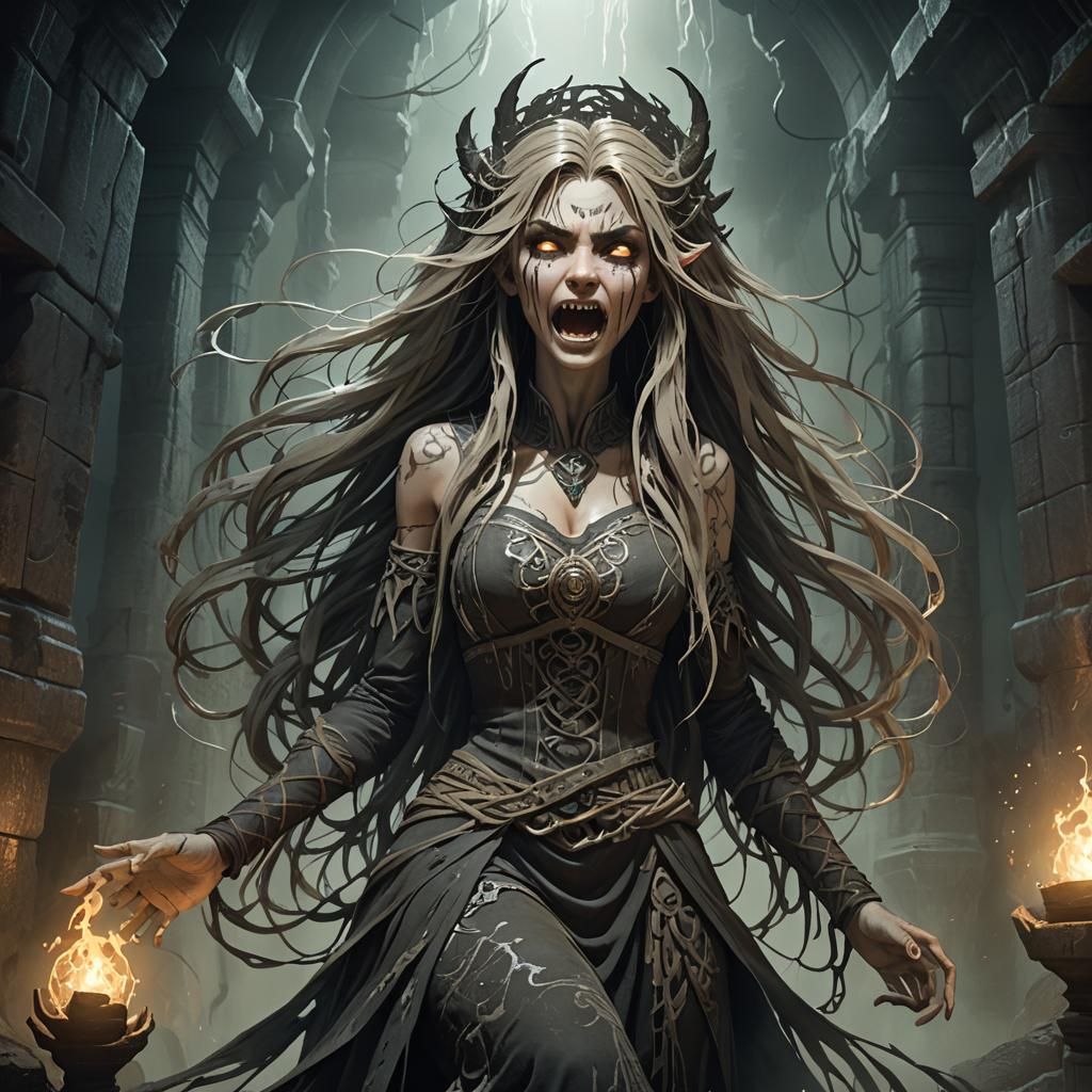 Menacing Monster Girl Screaming in Mystical Tomb Chamber